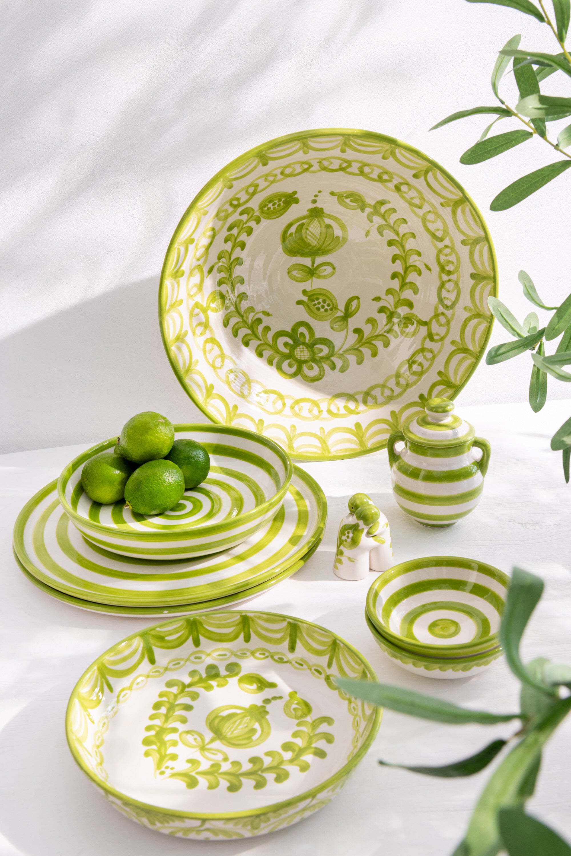 J-Line kom Granada Stripes Low - keramiek - wit groen - smal