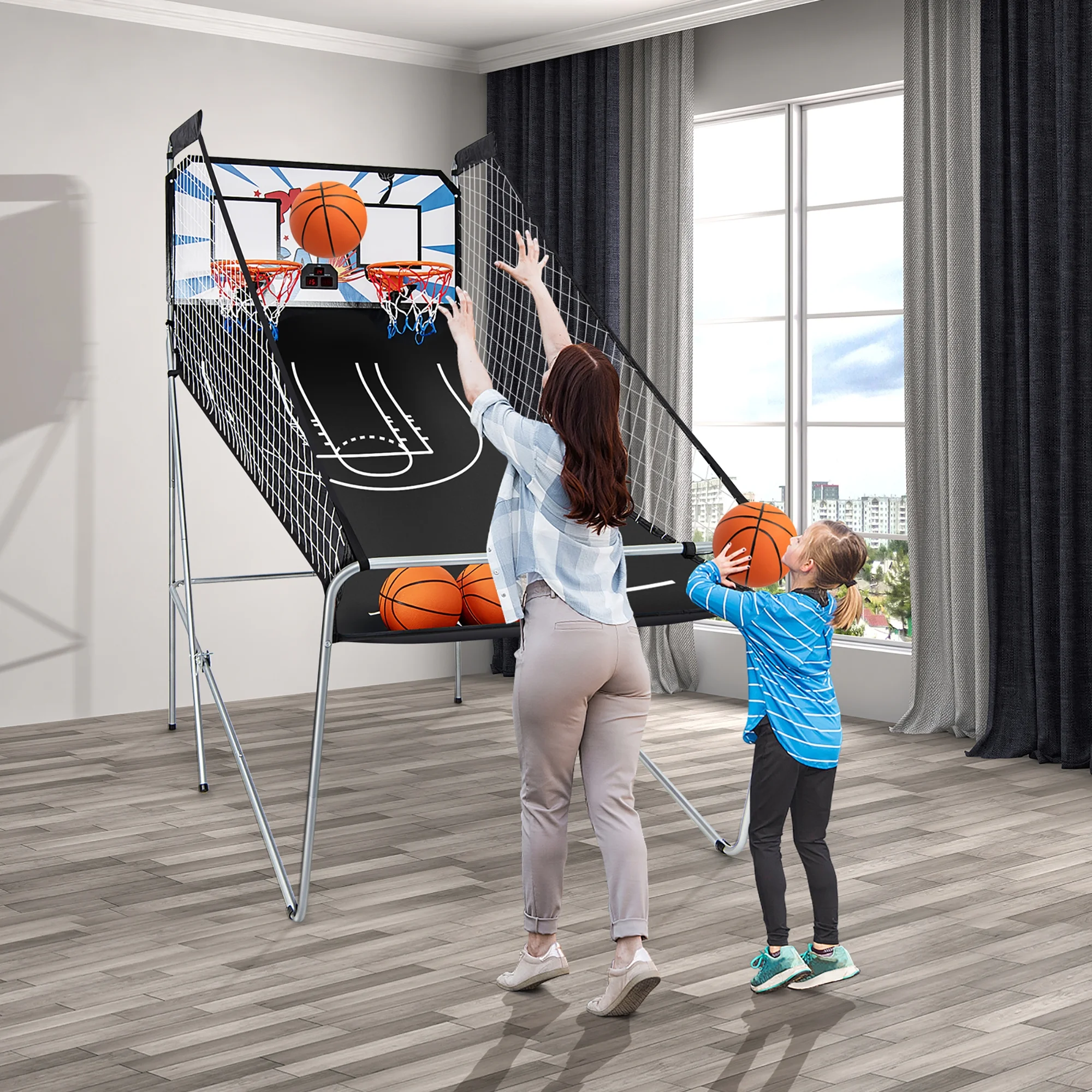 Costway Dual LED Electronic Shot Basketball Arcade Game with 8 Game Modes 4 Balls Foldable Grey - Image 11