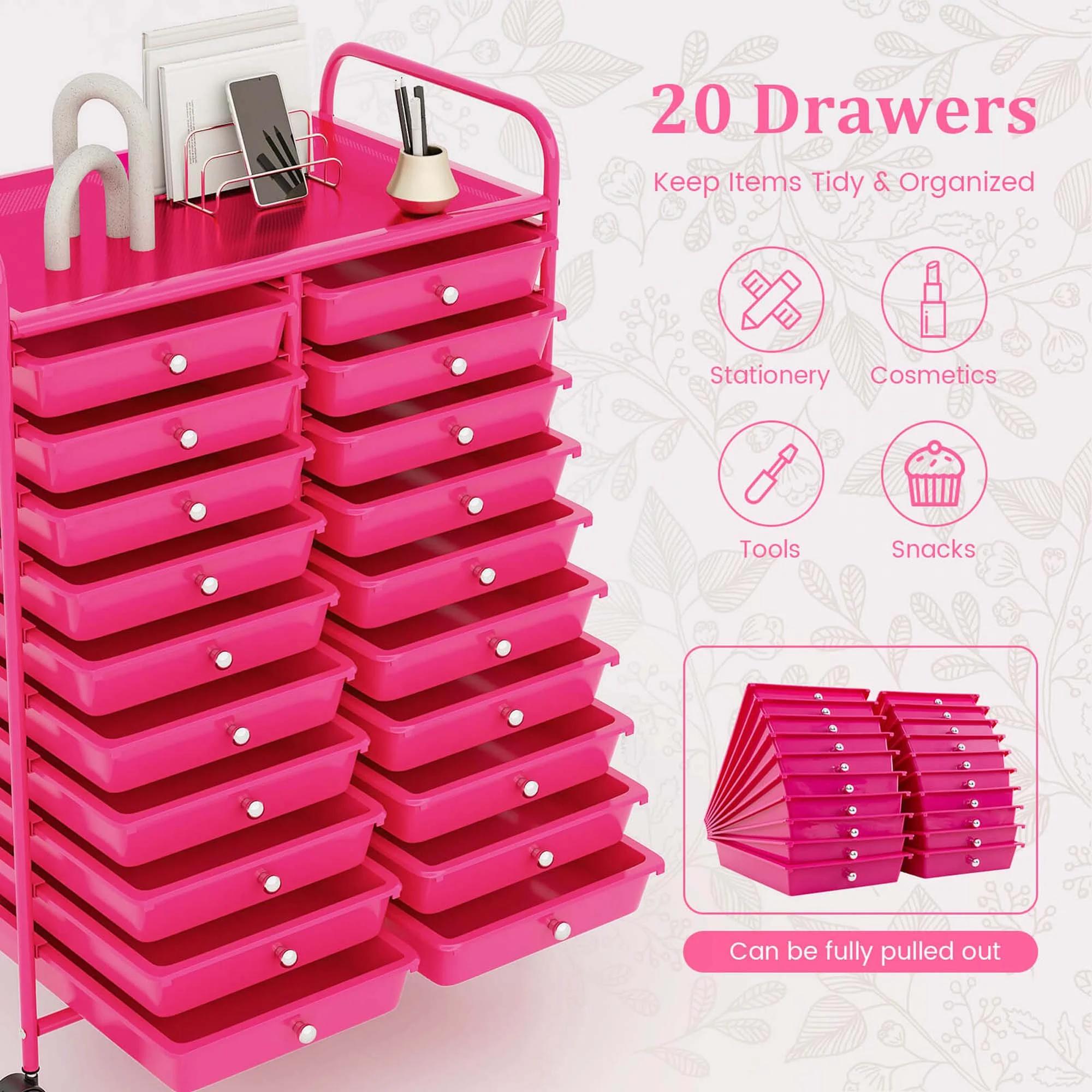 Costway 20 Drawer Rolling Storage Cart Tools Scrapbook Paper Office School Organizer Yellow - Image 54