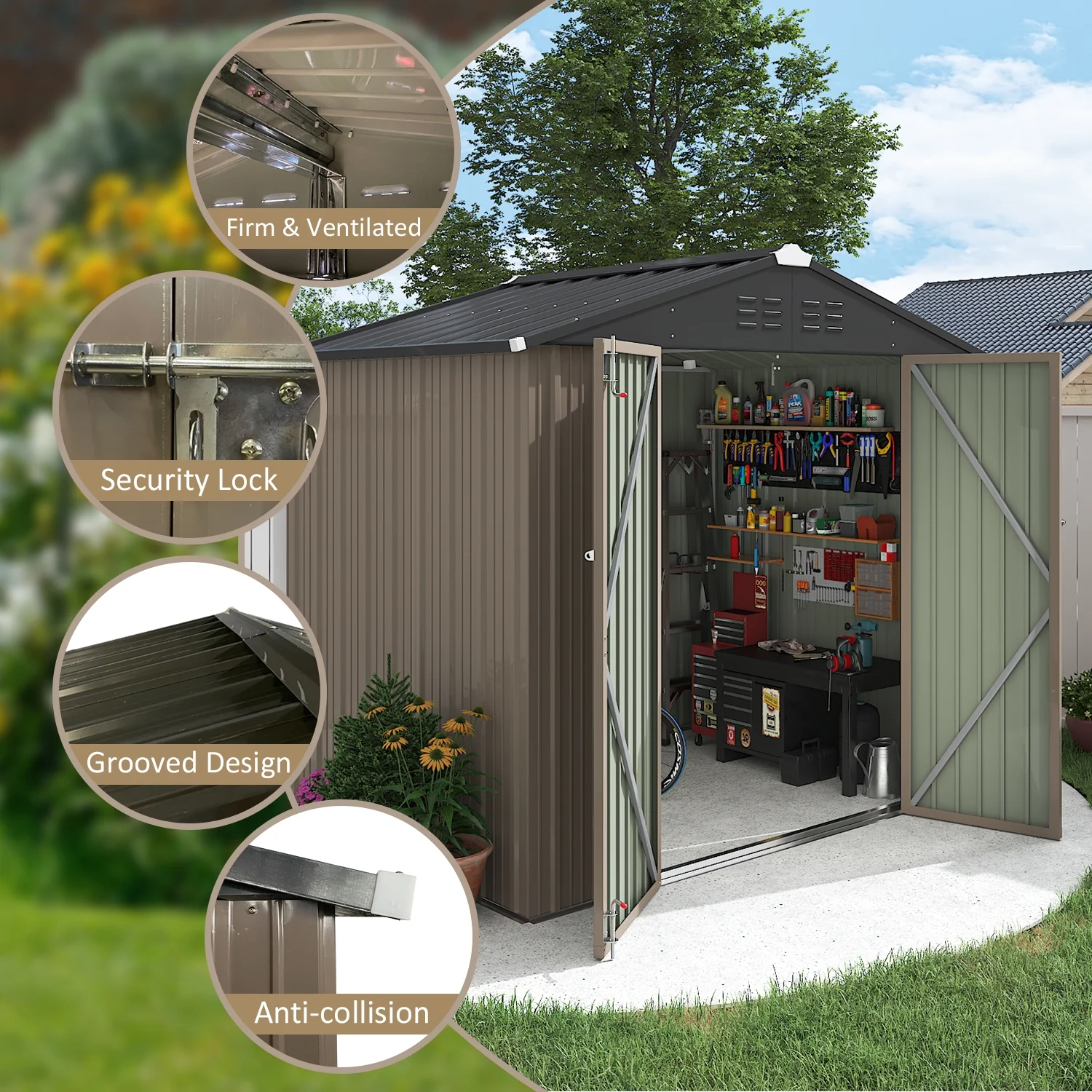 LACOO 4' x 6' Outdoor Storage Metal Shed for Tool Storage, Outdoor House for Backyard & Garden,Brown - Image 24