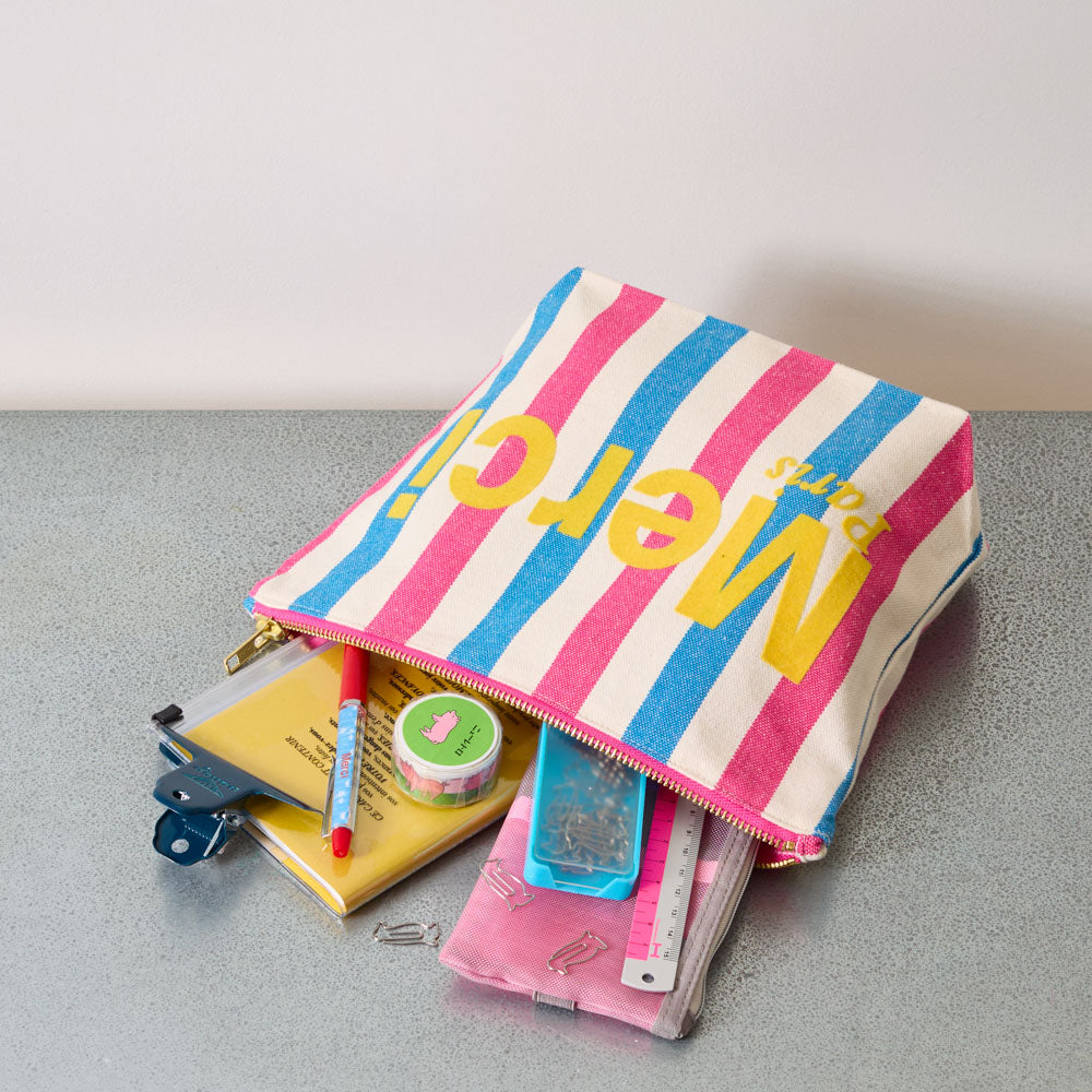 Merci - Pochette en coton rayé - Rose & Bleu