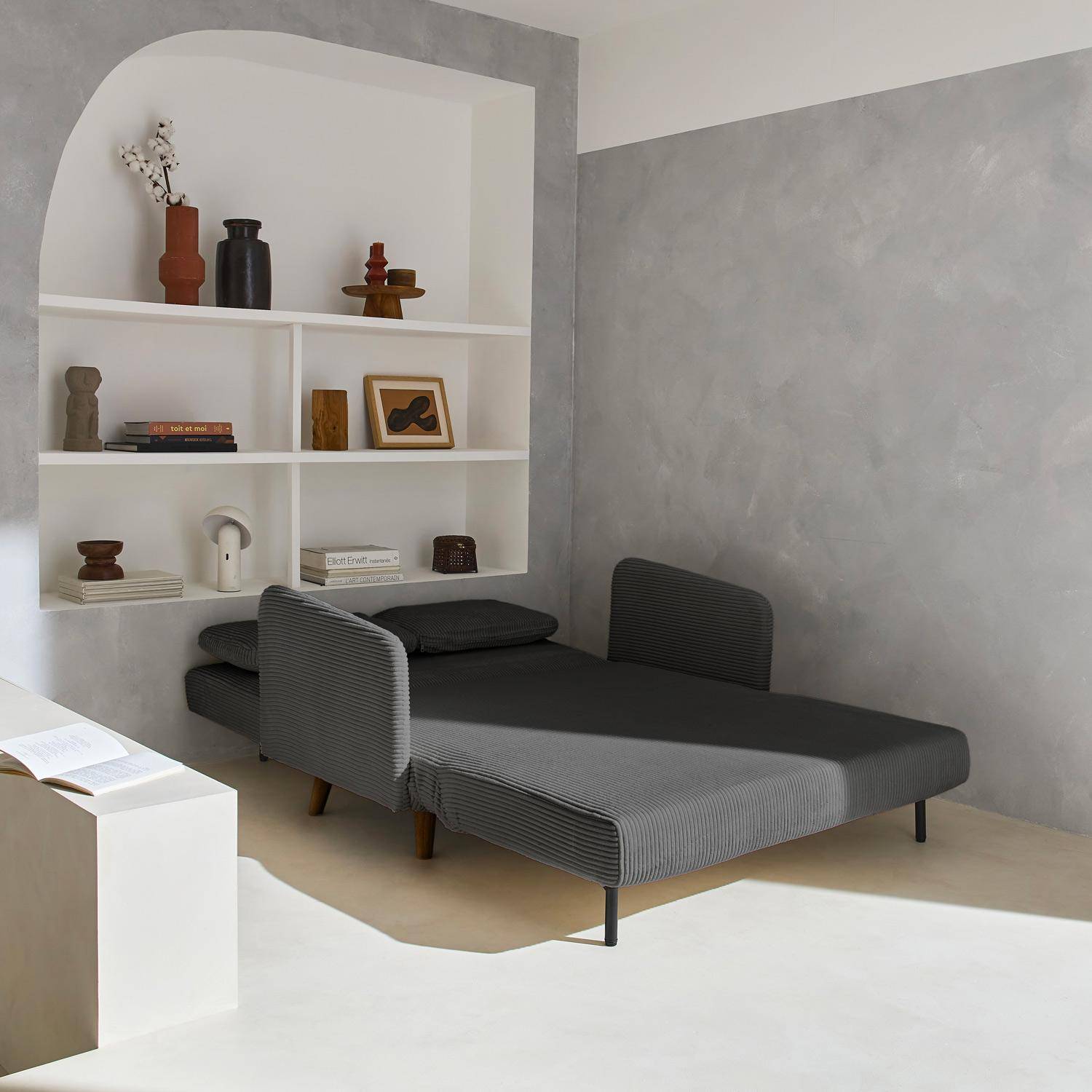 Panam pana - Sofá cama de pana con patas de madera,  2 plazas