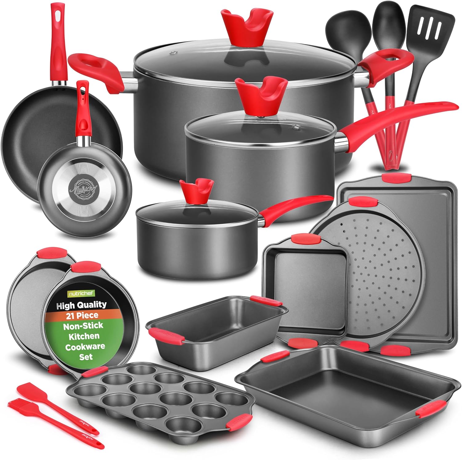 WAYFAIR NutriChef 21-Piece Nonstick Cookware Set - Includes Saucepans, Skillets, Round & Square Baking Pans, Loaf & Muffin Pans, Pizza Crisper, Cookie Sheet, & Silicone Utensils - Complete Kitchen Set