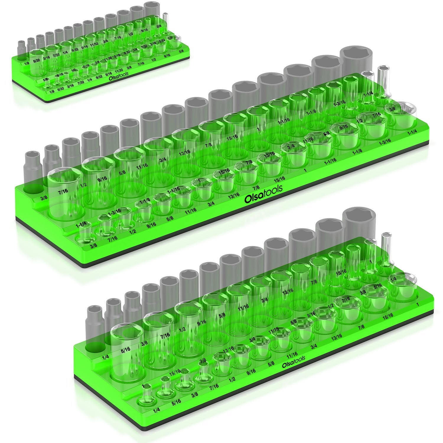 Olsa Tools | 3-Row Magnetic Socket Holder SAE / 3PC - 1/2" + 3/8" + 1/4" Drive / Green(Green)