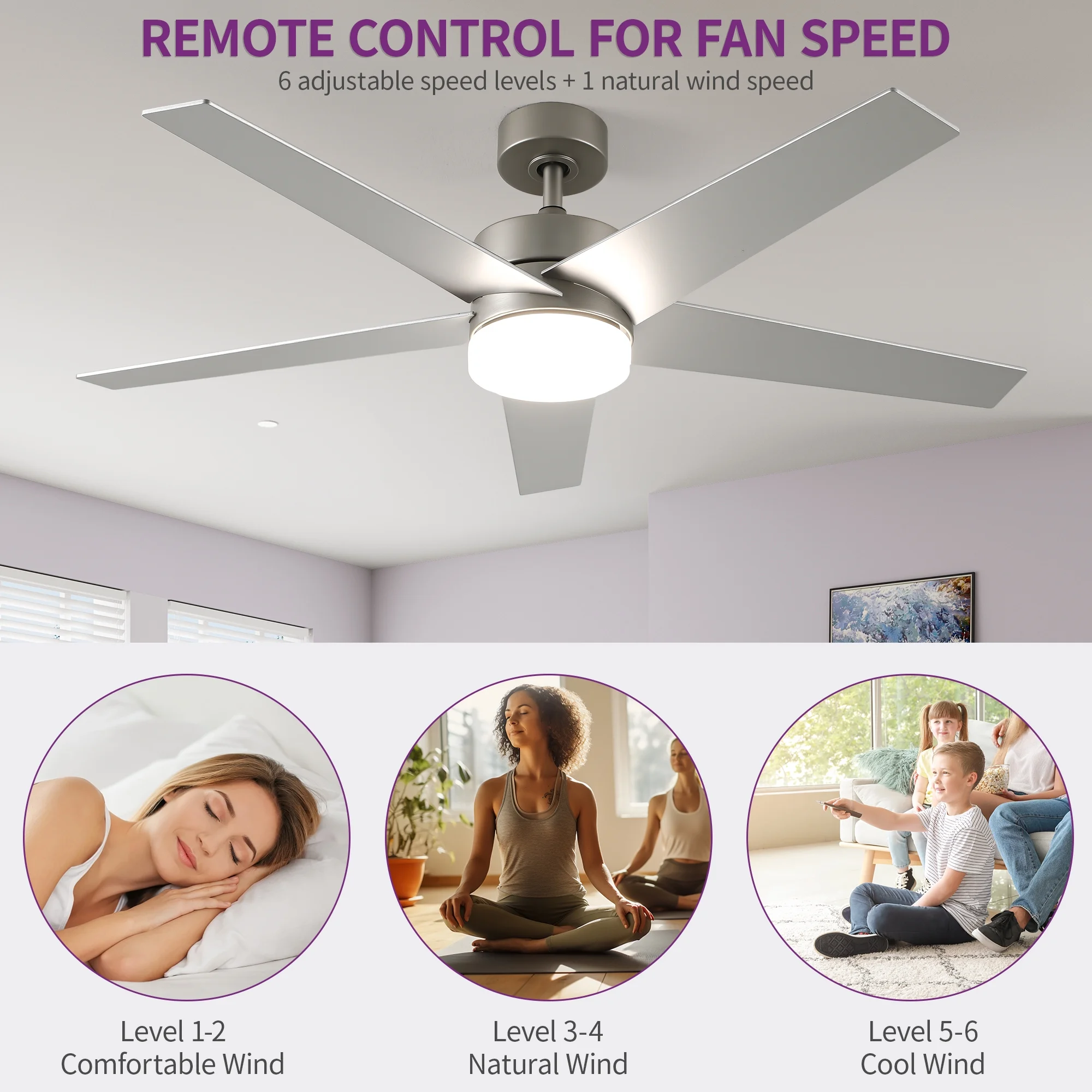Uforic 52" Modern Ceiling Fan with Lights and Remote Control, 5-Blade Ceiling Fan with Dimmable Tri-Color Light, Quiet and Reversible 6-Speed DC Motor, Perfect for Bedroom, Living Room - Silver - Image 4