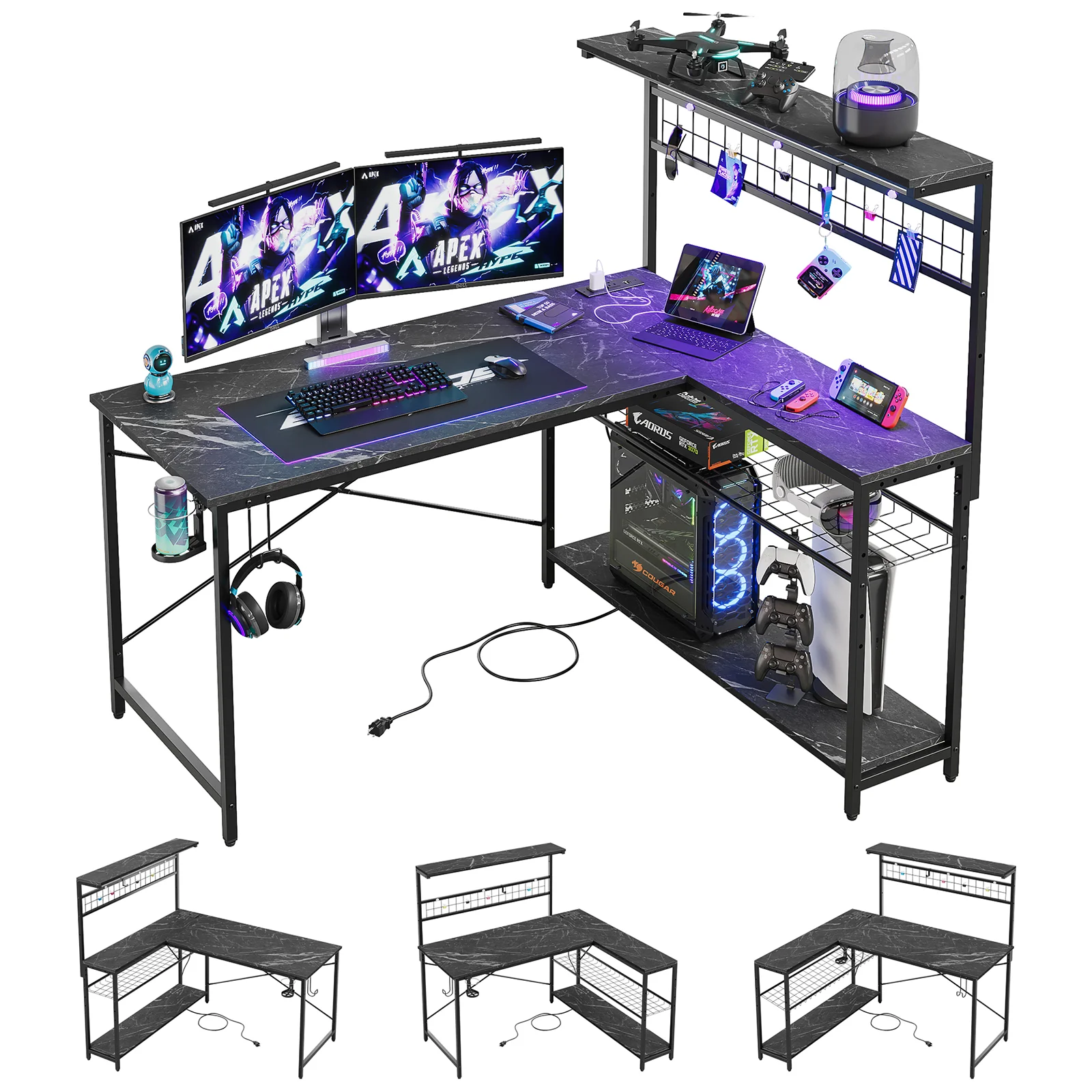 Bestier 51 L Shaped Gaming Desk with Power Outlets & LED Light, Computer Desk with 4 Tiers Shelves for Home Office, Reversible Gamer Table with Hooks and Cup Holder, Carbon Fiber - Image 31