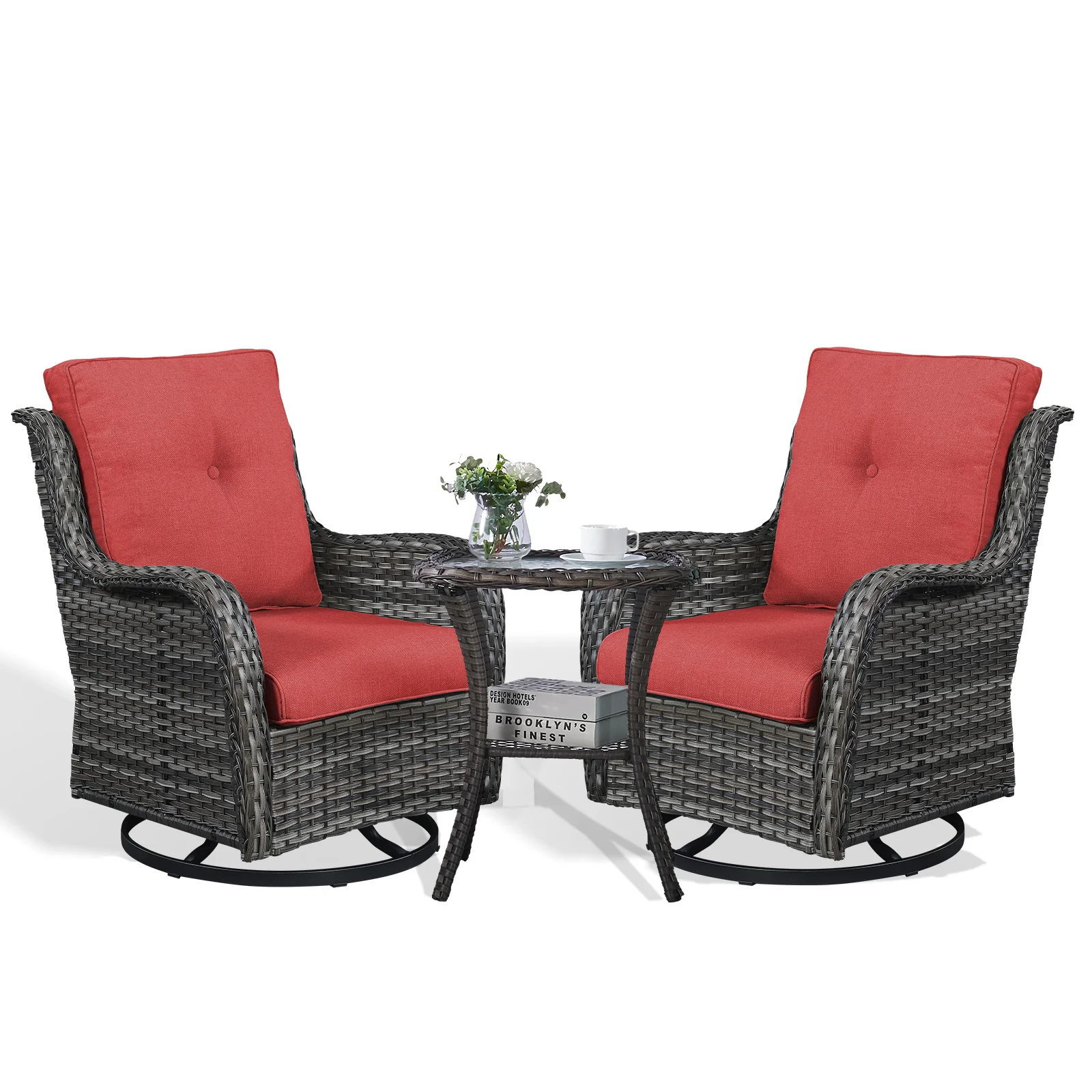 POCASSY 3 Piece Patio Set Outdoor Wicker Glider Rocking and Swivel Chairs with Cushions - Image 41