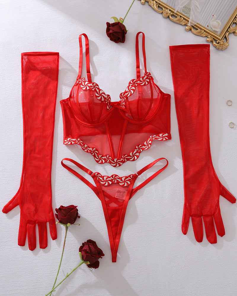 Lace Embroidery Corset Bra Set with Gloves