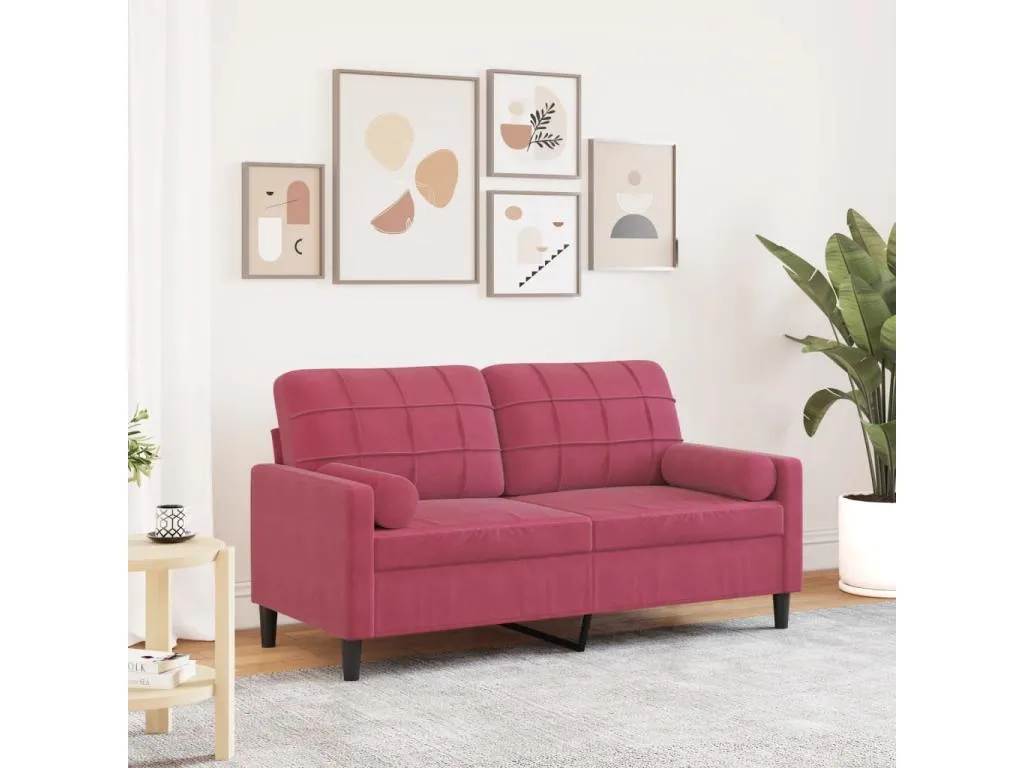 Sofá de 2 plazas con cojines terciopelo rojo tinto 140 cm