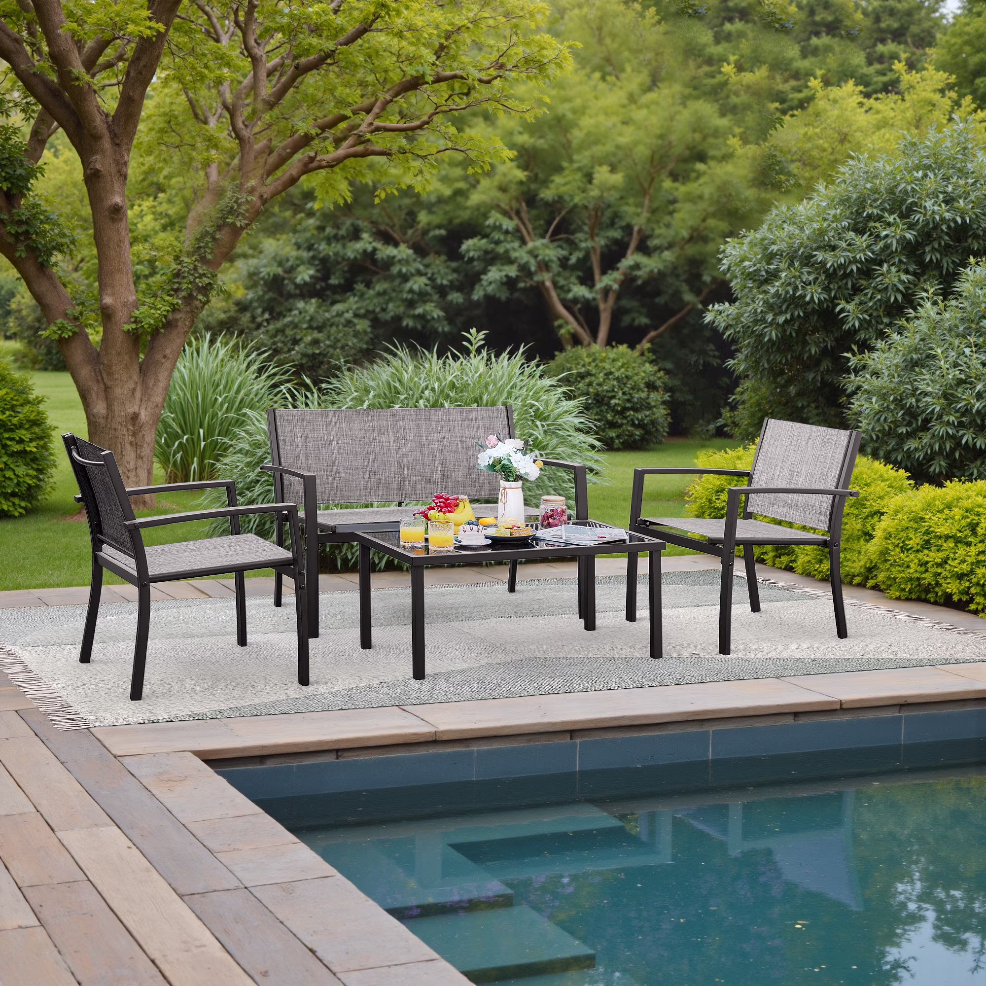 LACOO 4 Pieces Outdoor Furniture Set Patio Textilene Steel Conversation Set with Loveseat Tea Table for Lawn and Balcony, Black - Image 3
