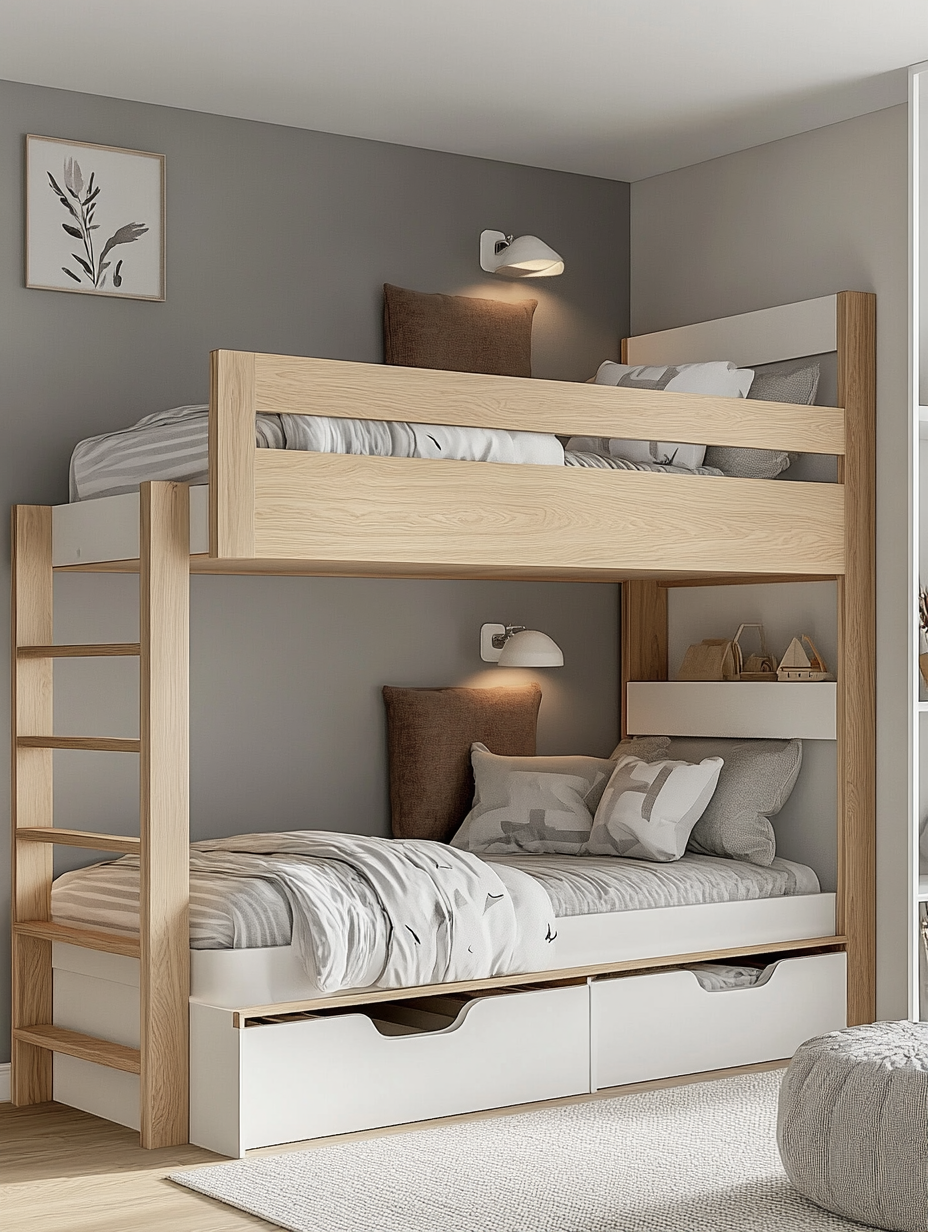 Cama litera madera infantil con cama nido blanca y natural de melamina para dormitorio infantil con almacenamiento 243x150x97 cm