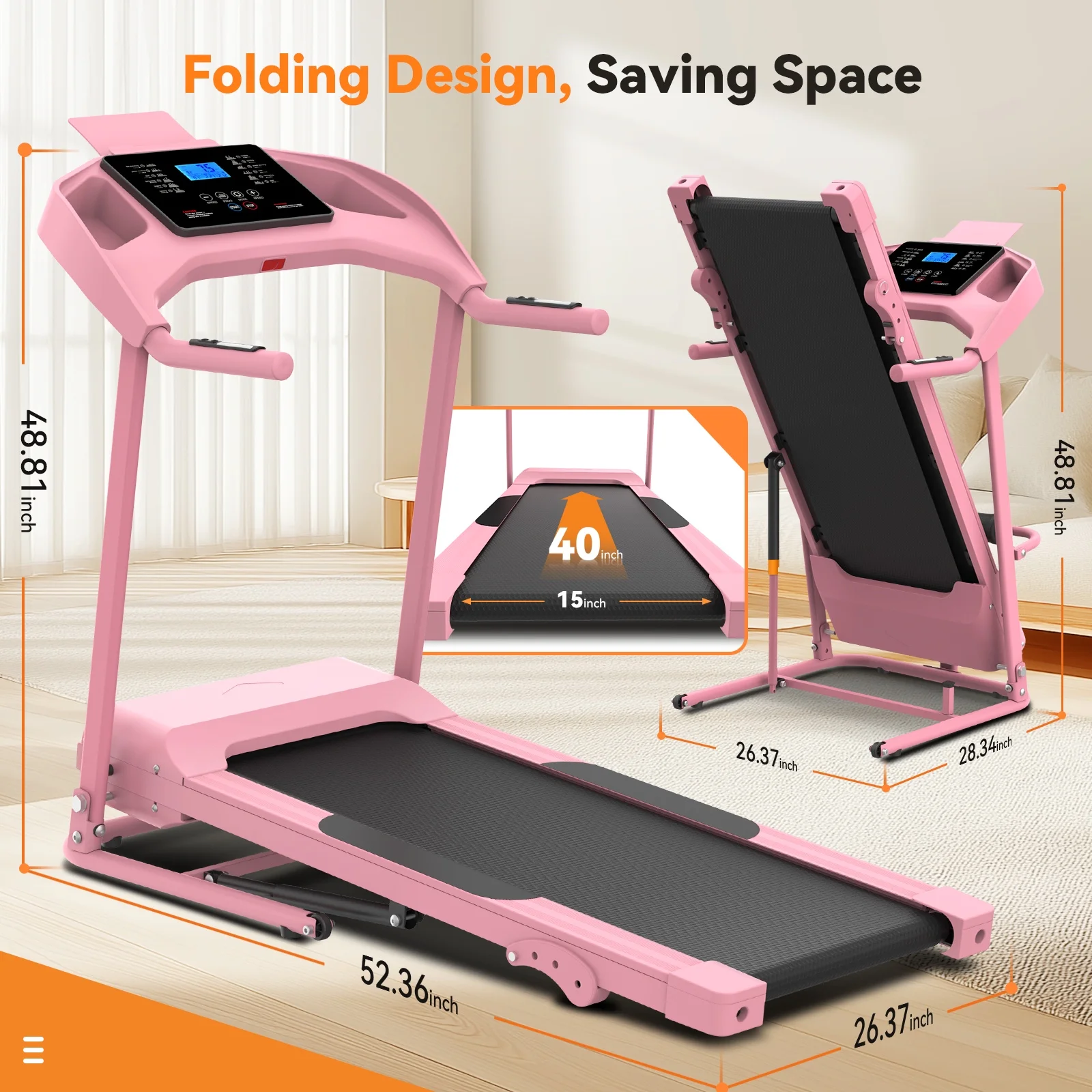 Treadmill with 8% Incline, 3.0 HP Foldable Compact Treadmill with Sit-up Function, 300 lbs Walking Running Treadmill with LCD Display for Exercise, 12 Programs - Image 4