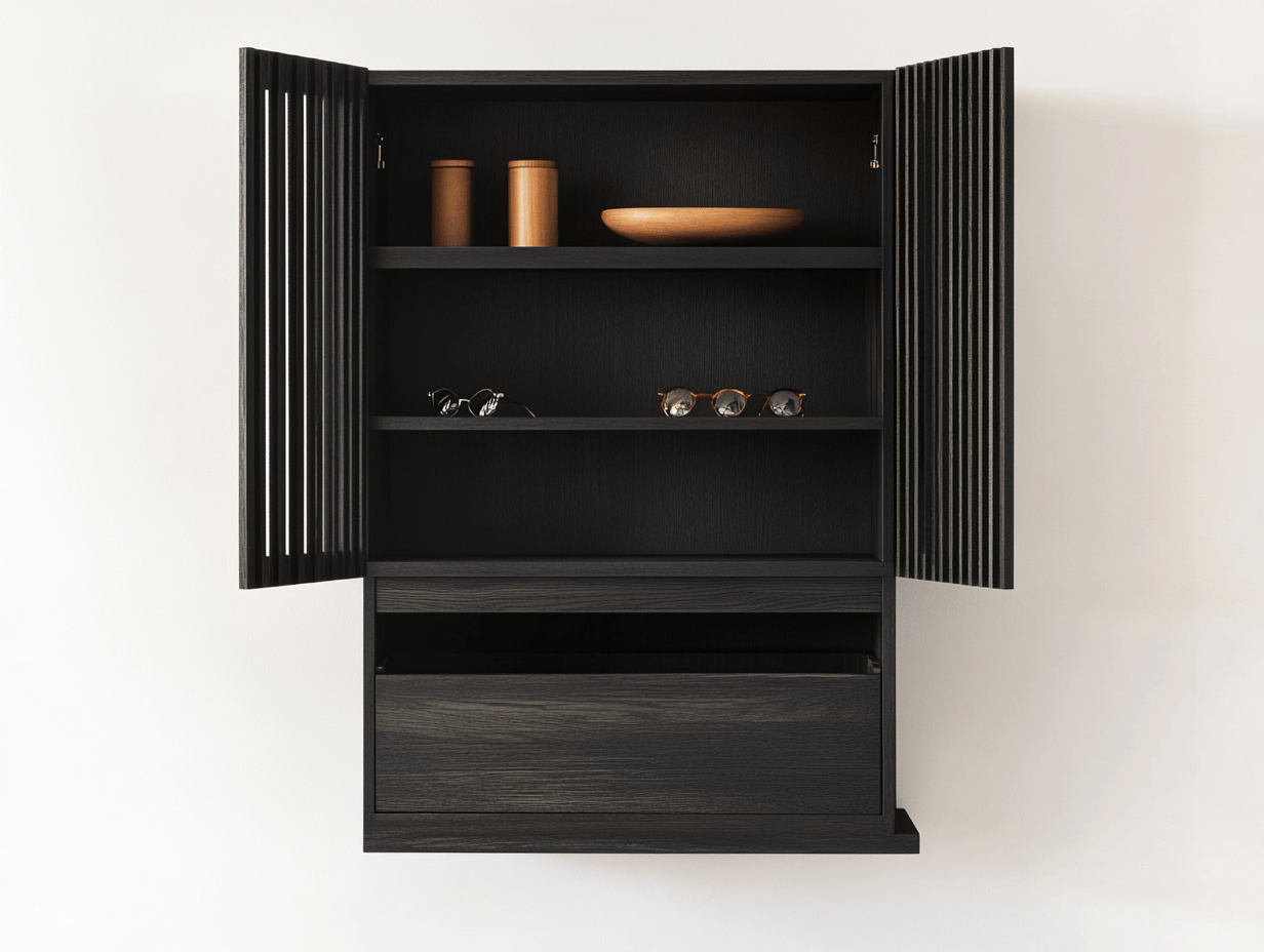 Armario de pared madera negra con puertas de lamas y cajón inferior 3 estantes 55x28x65cm