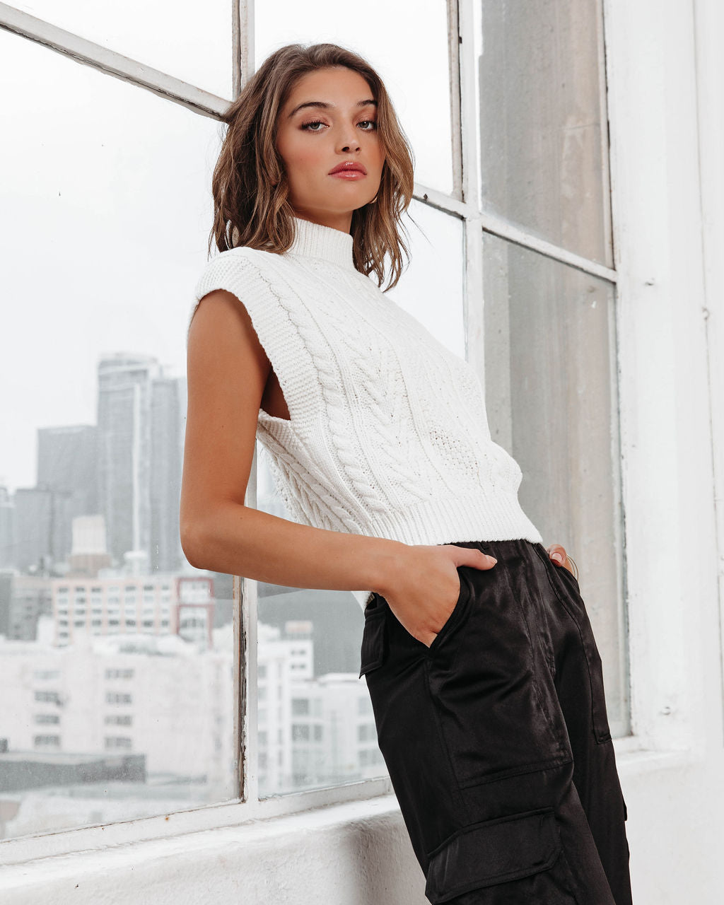 Diana Cable Knit Mock Neck Sweater Vest - Ivory - Se7enfashion