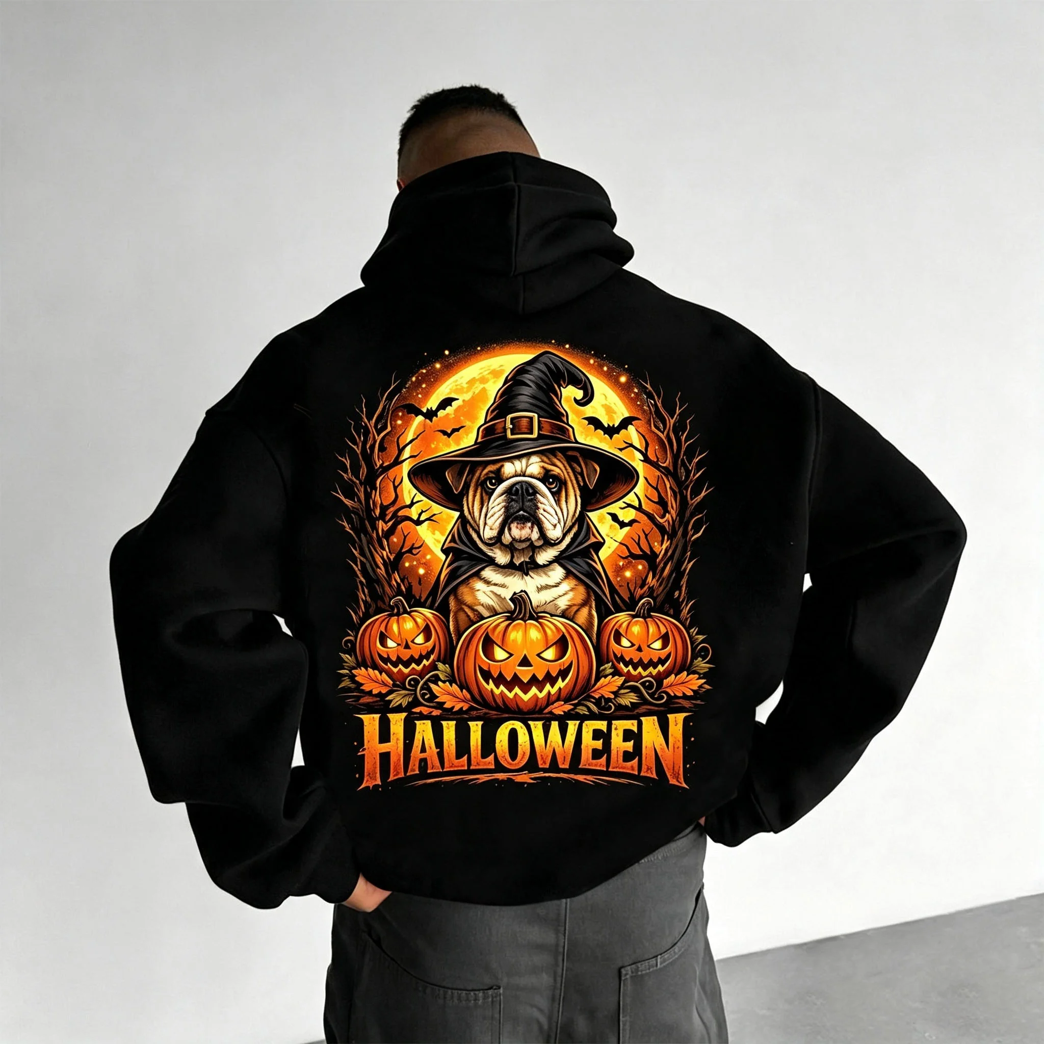 Unisex Halloween Bulldog Hoodie – Cute Witch Dog Pumpkin Graphic Black Pullover Hoodie TeeThreads Sustain the Scene with Custom Apparel