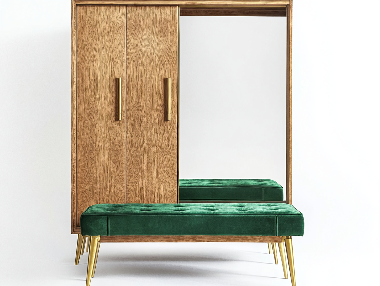 Armario de madera con espejo y banco de terciopelo verde para vestíbulo moderno