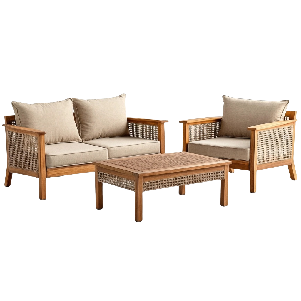 Juego de muebles de salón para terraza beige, estructura de madera maciza y ratán, sofá, sillón y mesa, estilo nórdico eq0896001