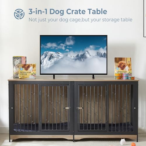71'' Dog Crate Furniture for 2 Large Medium Dogs, XXL Wooden Indoor Double Crate Kennel Cage Large Breed with Door, TV Stand End Table with Divider, No Cushion,Brown