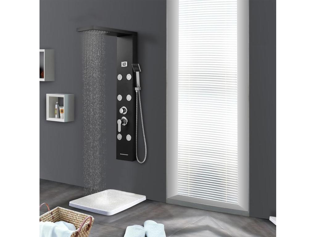 AURALUMMAX Columna Ducha Negro LED Panel Ducha para Baño Hidromasajes Sistema DuchaMultifuncional Columna de Pared 6 Grandes Boquillas Masajeantes