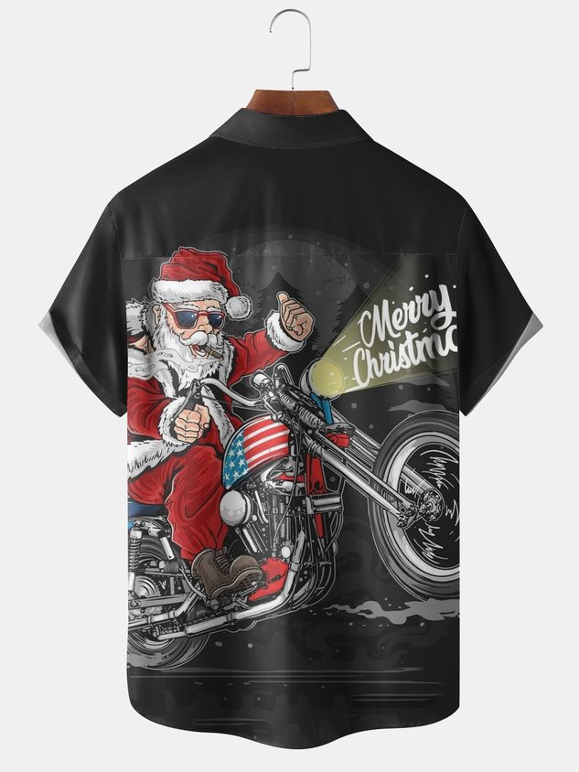 Men's Santa Print Casual Short Sleeve Shirt with Breast Pocket