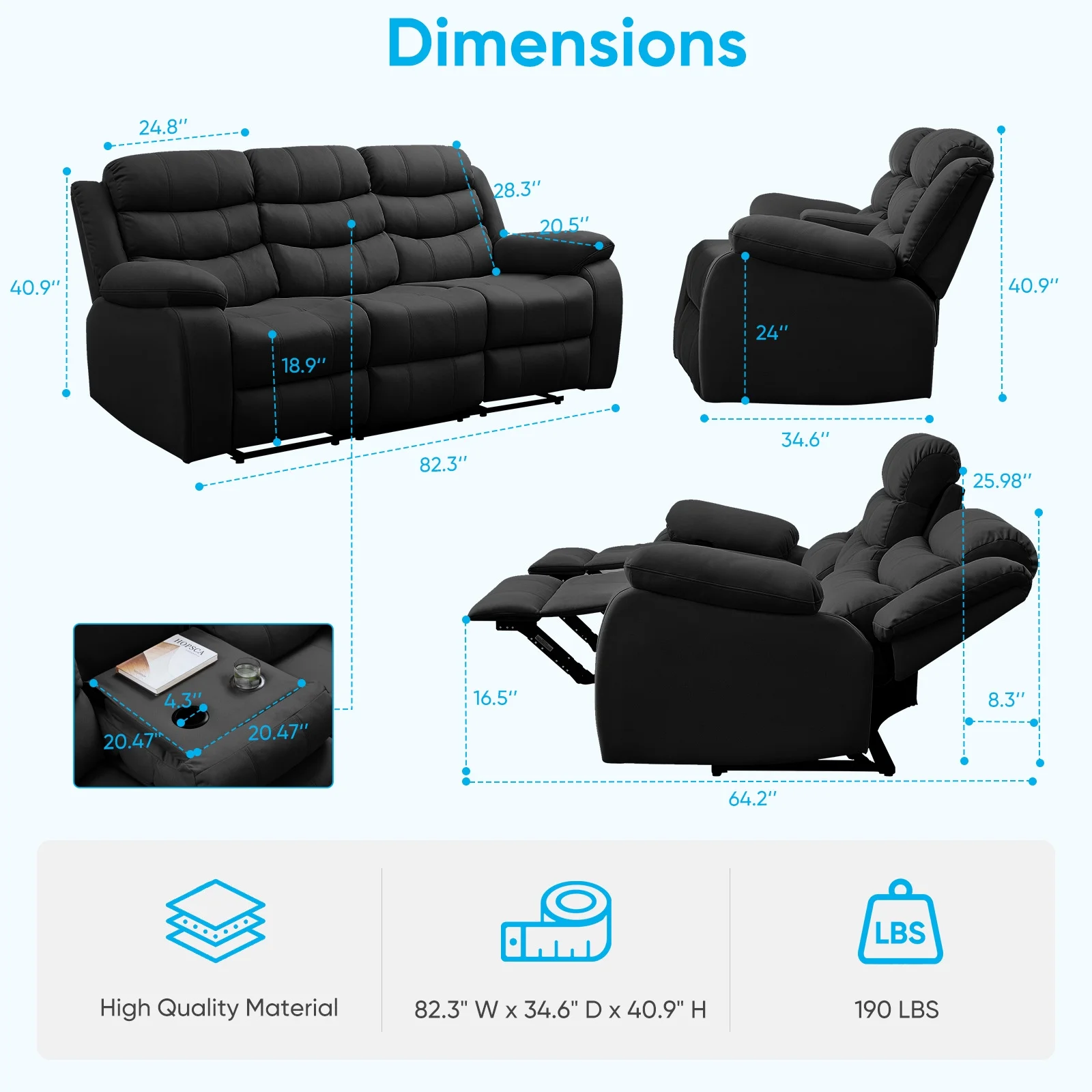 MUZZ Modern Reclining Sofa ,3-Seater Recliner Sofa with Cup Holders, Flip-Up Storage, Reversible Backrest and Footrest, Gray - Image 2
