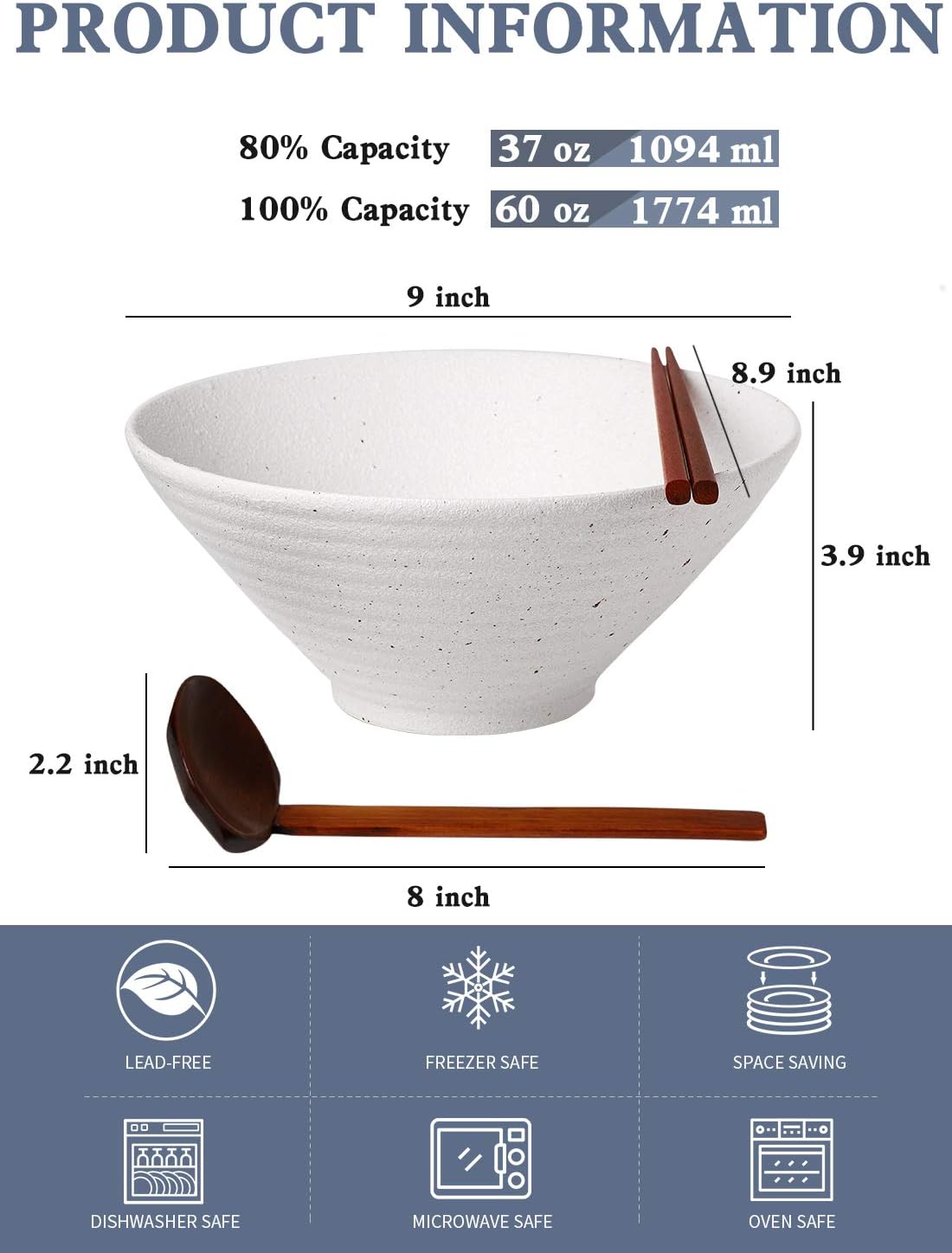 Kanwone Ceramic Japanese Ramen Bowl Set, Noodle Soup Bowls - 60 Ounce, with Matching Spoons and Chopsticks for Udon Soba Pho Asian Noodles, Set of 2, White