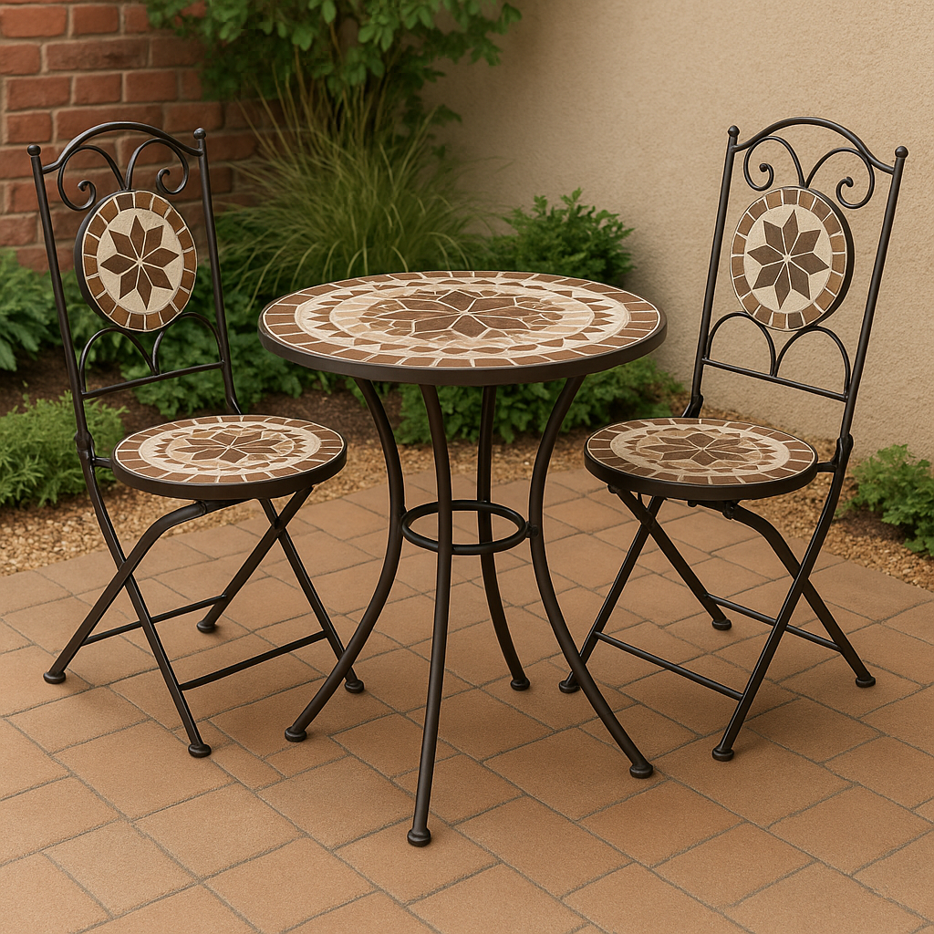Conjunto de jardín para exterior de cerámica y acero marrón/beige con mesa y sillas.