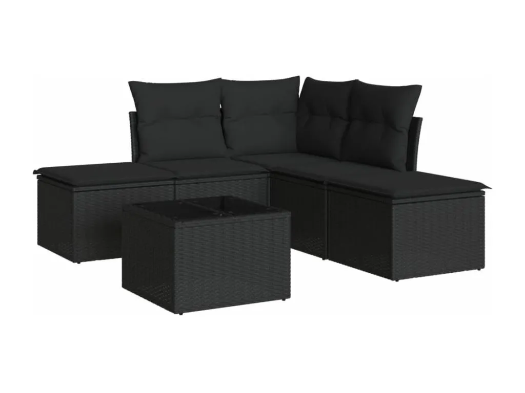 Set de sofás de jardín 6 piezas y cojines ratán sintético negro