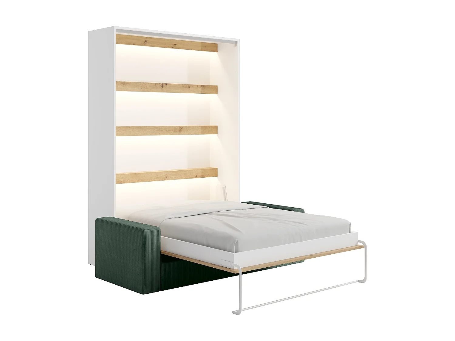 Cama abatible 140 x 200 cm - Apertura vertical manual - Con LEDs - Blanco y natural + Sofá Verde - RAPILI