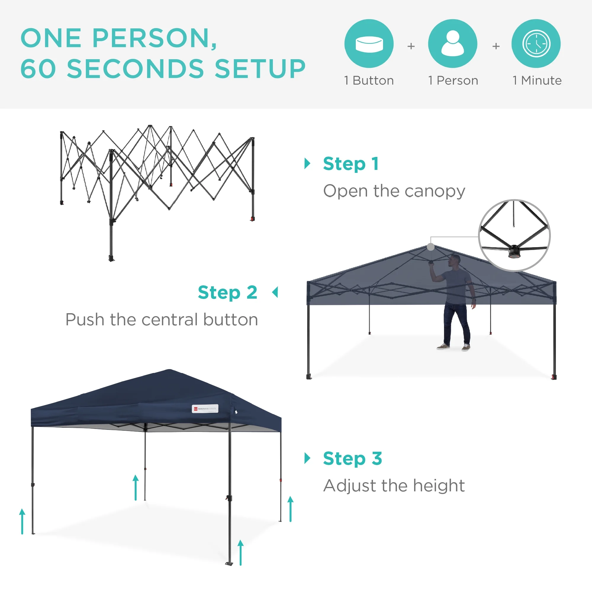Best Choice Products 12x12ft Easy Setup Pop Up Canopy w/ 1-Button Setup, Wheeled Case, 4 Weight Bags - Navy Blue - Image 4