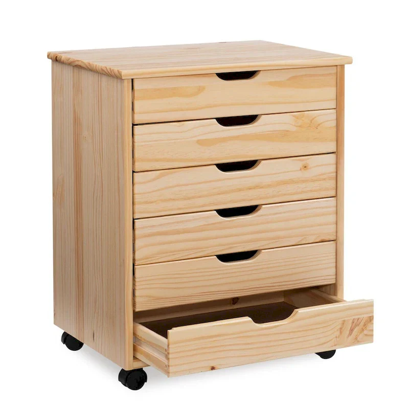 25.25-Inch Natural Brown Wide Rolling Storage Cabinet Featuring 6 Drawers