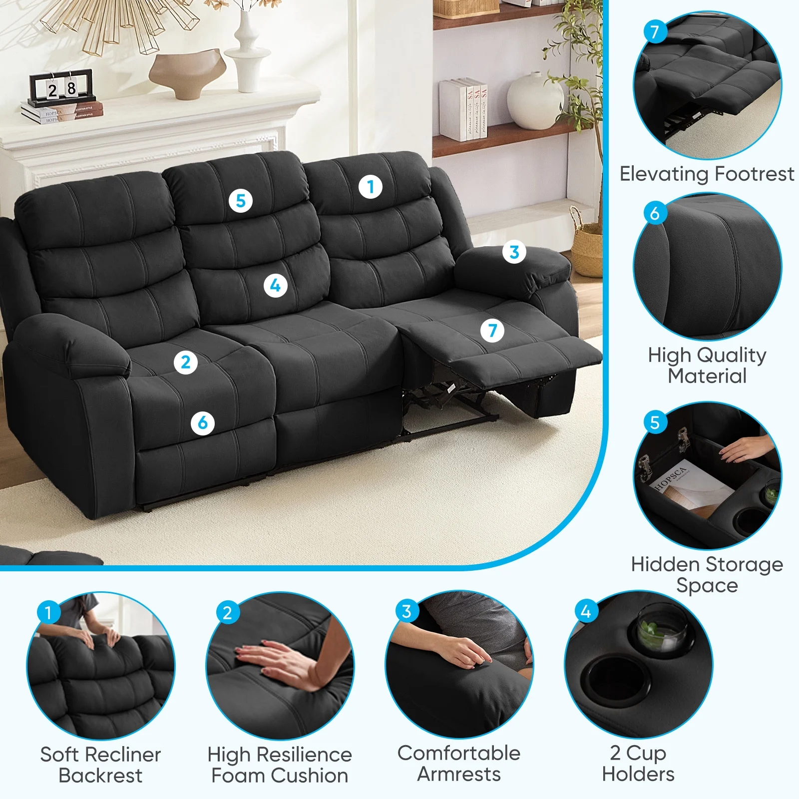 MUZZ Modern Reclining Sofa ,3-Seater Recliner Sofa with Cup Holders, Flip-Up Storage, Reversible Backrest and Footrest, Gray - Image 8