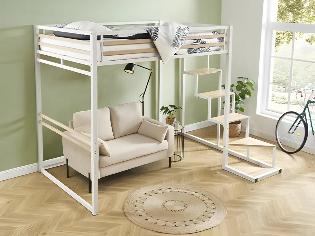 Cama alta 140 x 200 cm - metal y MDF - blanco + colchón - Cosinor xka1810509