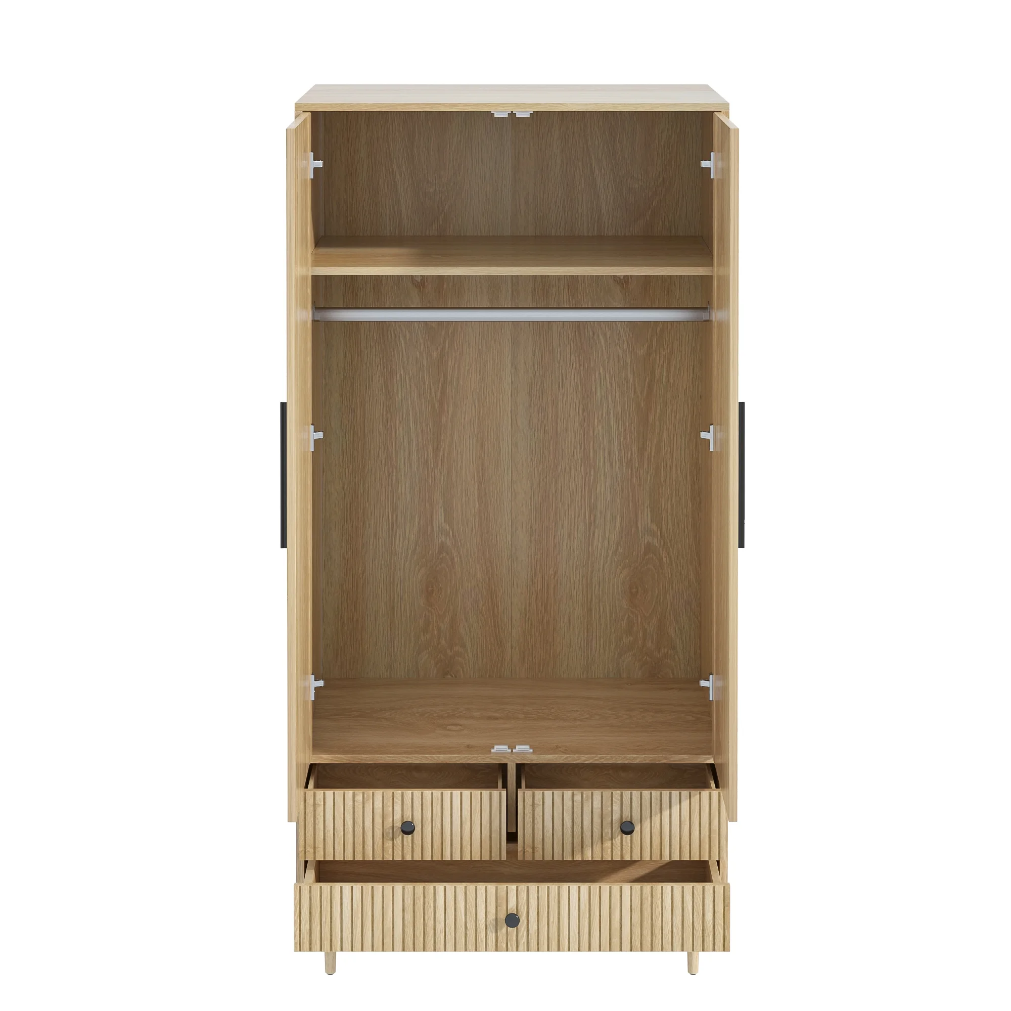 Oubayajia Wardrobe Armoire Closet, 2 Fluted Doors Wardrobe Cabinet with 3-Drawer and Hanging Rod, Wood Wardrobe Storage for Bedroom - Image 10