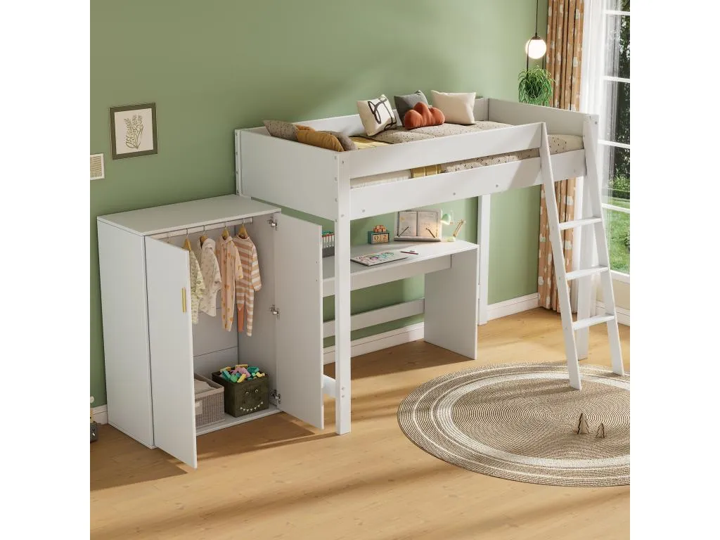 Cama altillo 90x200 cm de Alkihogares - con escritorio y armario modular - Blanco