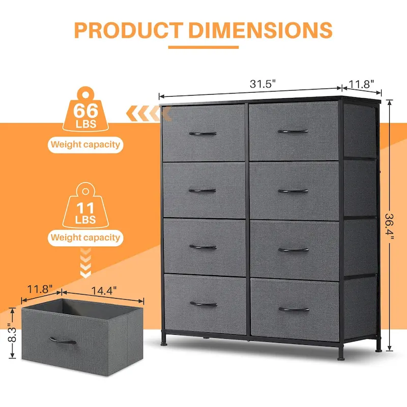 8-Drawer Tall Fabric Dresser for Bedroom - Stylish Closet Organizer Tower with Wooden Top and Metal Frame