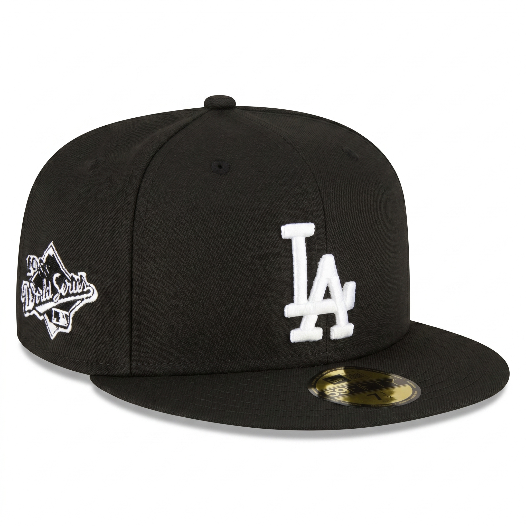 Angled front view of the black Los Angeles Dodgers 59FIFTY fitted hat featuring a white LA logo and 1988 World Series side patch.