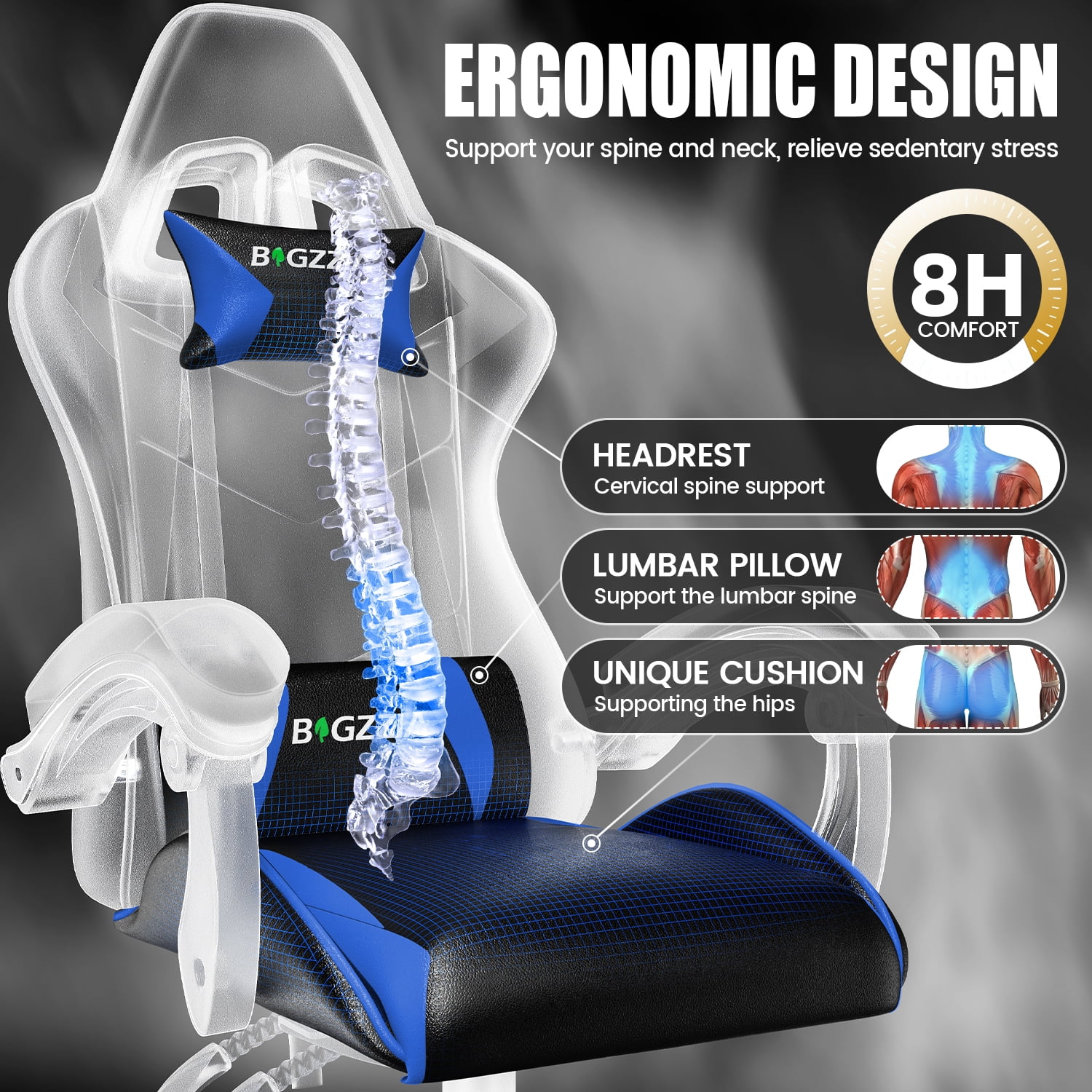 Bigzzia Gaming Chair Office Chair, Ergonomic Game Chair with Height Adjustable Headrest and Lumbar Support for Adults Teens, Black & White - Image 72