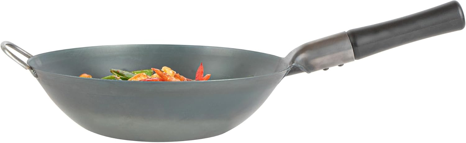 Restaurantware Carbon Steel Wok 1 Pack of 11.6 Inch Heavy-Duty Uniform Heat Distribution Pan Induction Compatible Flat Bottom Wok Welded Handle Black For Gas Stovetops And Grills