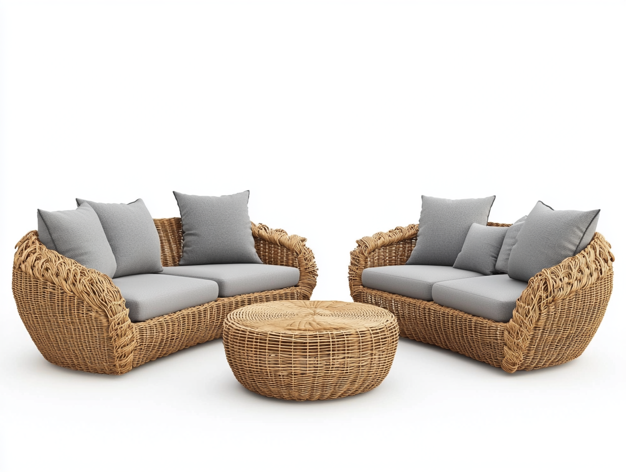 Conjunto de sofás ratán natural con cojines grises y mesa redonda XE2959228