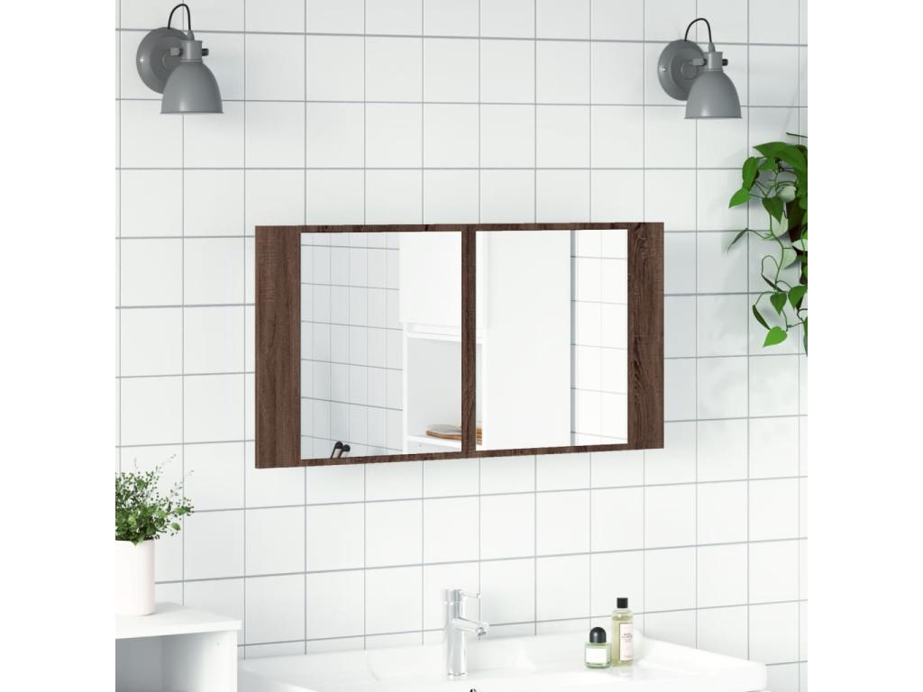 Armario espejo de baño LED acrílico marrón roble 90x12x45 cm