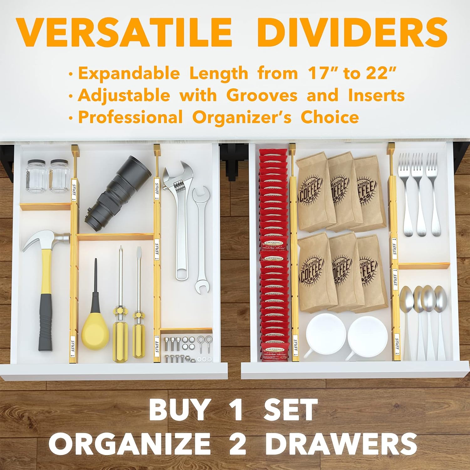 SpaceAid Bamboo Drawer Dividers with Inserts and Labels, Kitchen Adjustable Drawer Organizers, Expandable Organization for Home, Office, Dressers, 4 Dividers with 9 Inserts (17