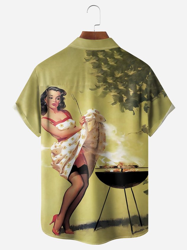 Retro Beauty Chest Pocket Short Sleeve Hawaiian Shirt