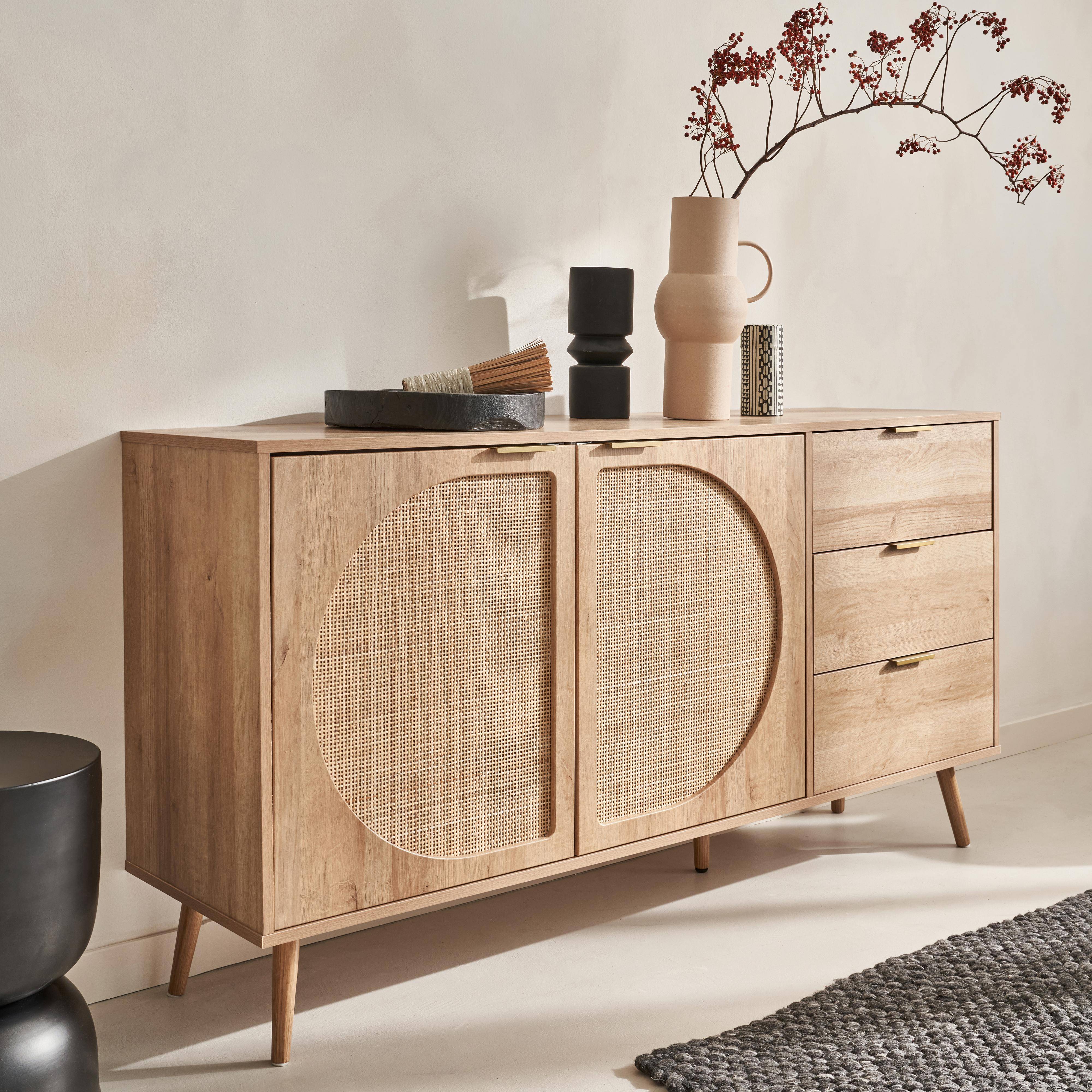 Eva - Aparador efecto madera de 2 puertas y 3 cajones, 150cm