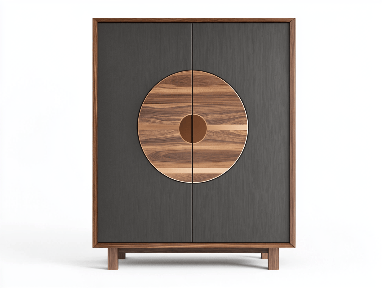 Armario moderno de madera maciza con puertas decorativas redondas – nogal y gris oscuro – estilo oriental contemporáneo