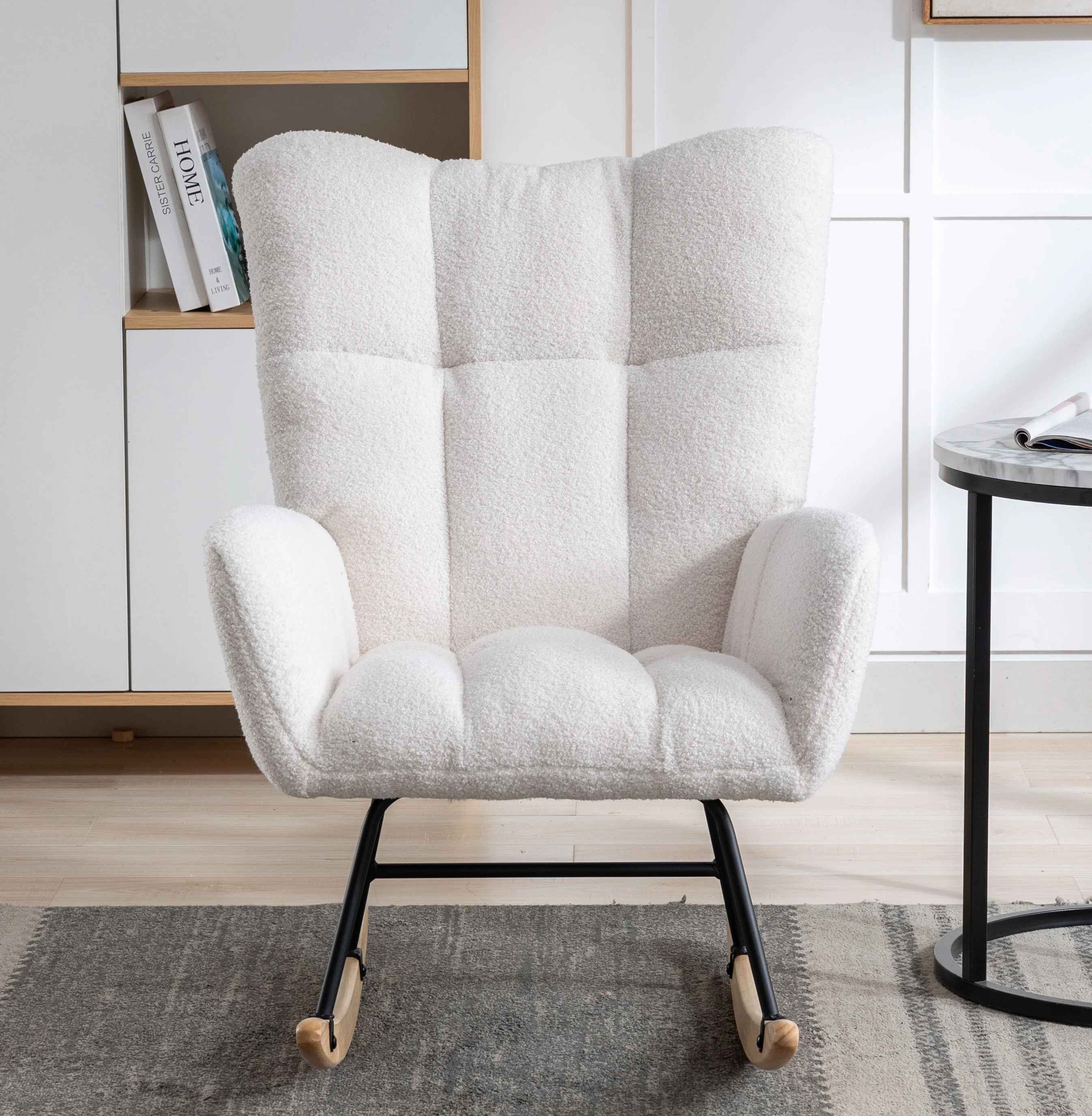 Rocking Chair Nursery,Teddy Upholstered Glider Rocker with High Backrest,Modern Rocking Accent Chairs Glider Recliner for Living Room, Nursery, Bedroom,White - Image 10