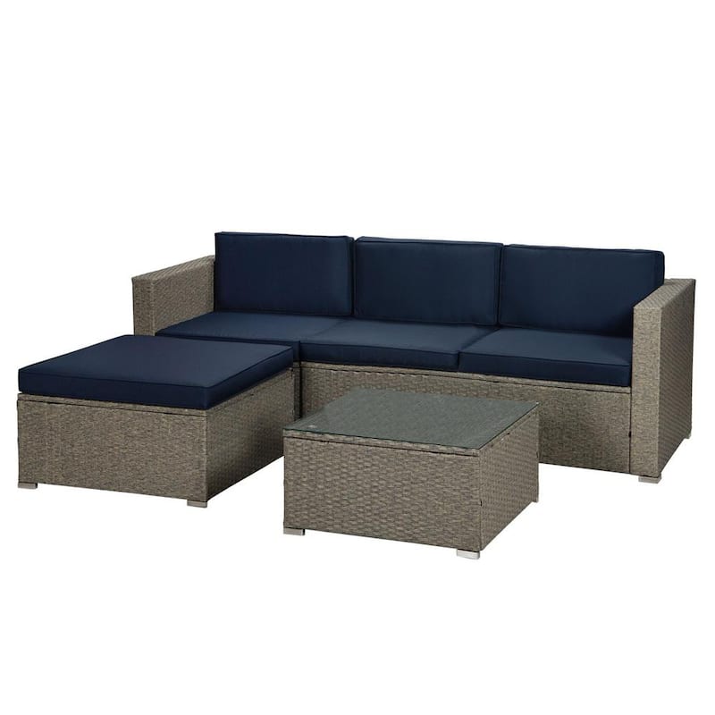 Conjunto de Sofá Modular de 5 Piezas de Ratán Gris para Jardín con Cojines Azul Marino para Patio mi7566403