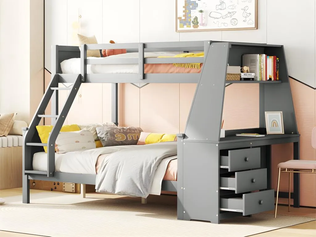 Litera 140x200 cm - escritorio lateral con 3 cajones grandes - Gris