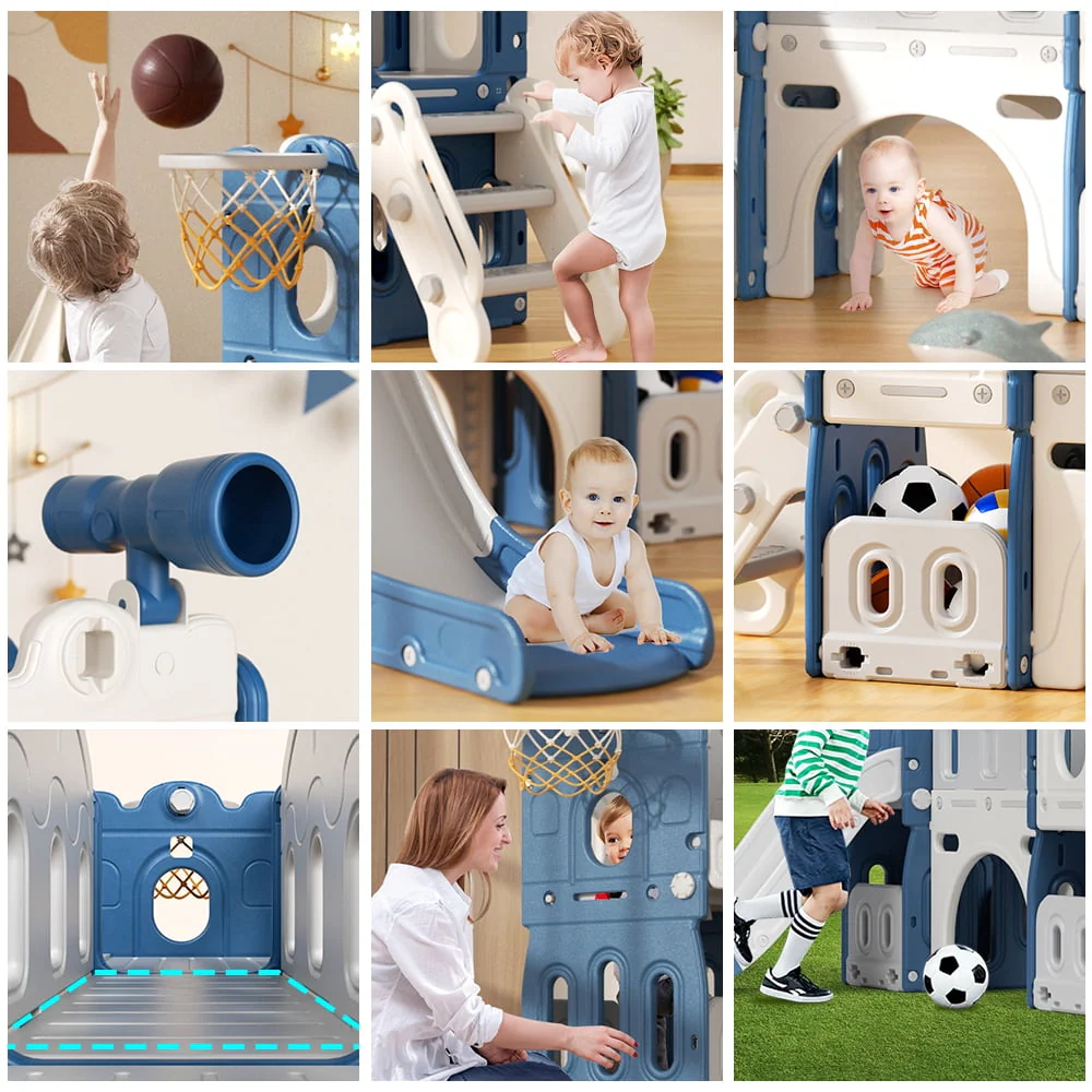 XJD 8-in-1 Toddler Slide Climber, Slide Set Playground for Kids, Slide Toddlers Climber and Slide Set with Basketball Hoop and Ball, Slide for Toddlers Age 12 Month +(Blue) - Image 3