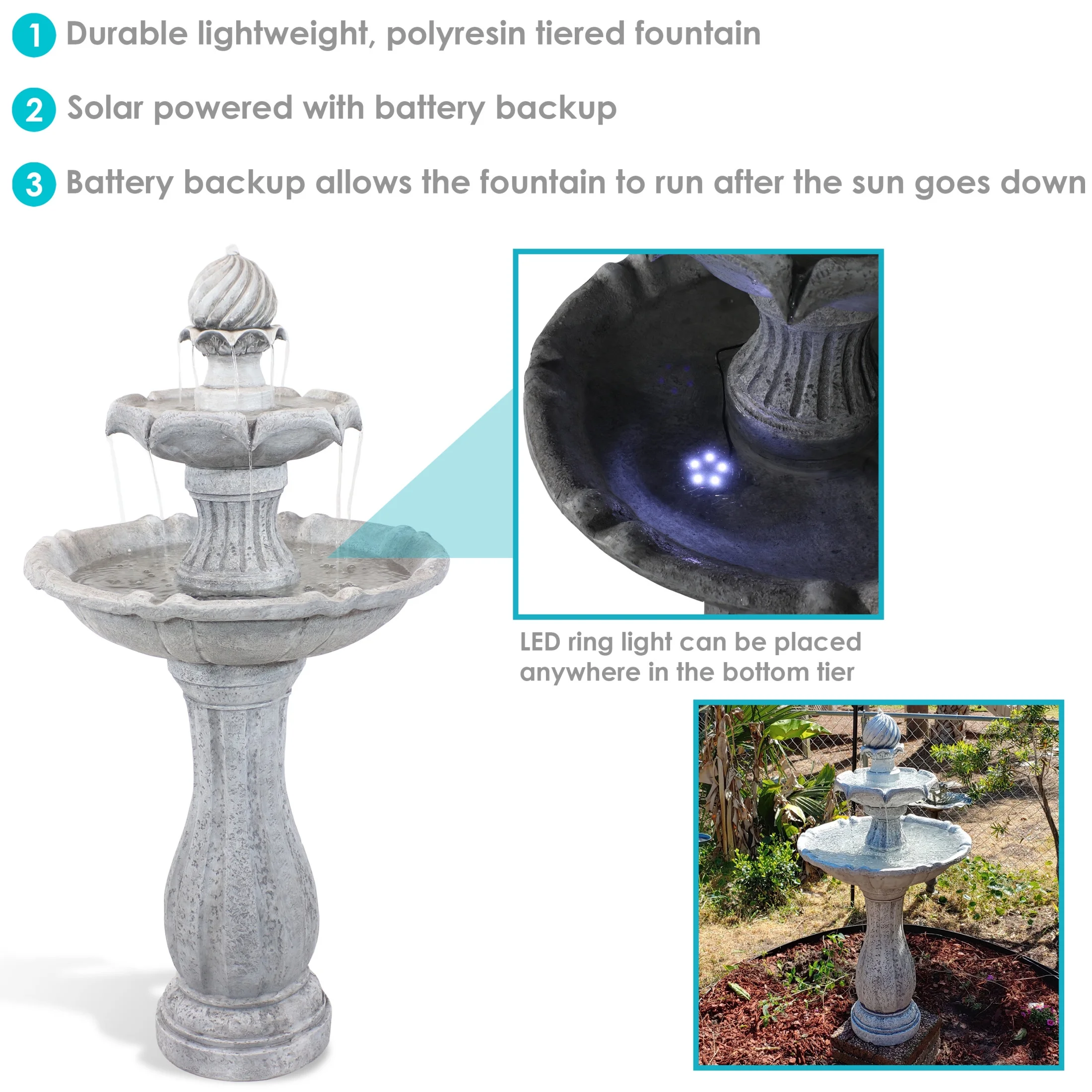 Sunnydaze 45" 2-Tier Arcade Solar Outdoor Water Fountain with LED - Earth - Image 23